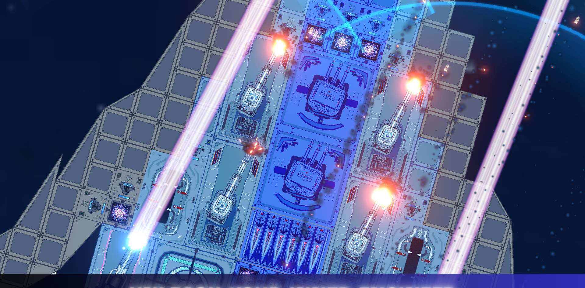 A player-built warship firing in deep space